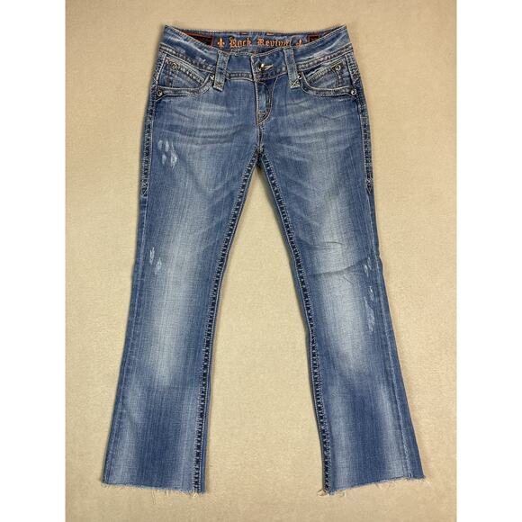 Rock Revival Jeans Womens 27 Blue Patti Boot Low Rise Cut Off Raw Hem Denim - Picture 1 of 16